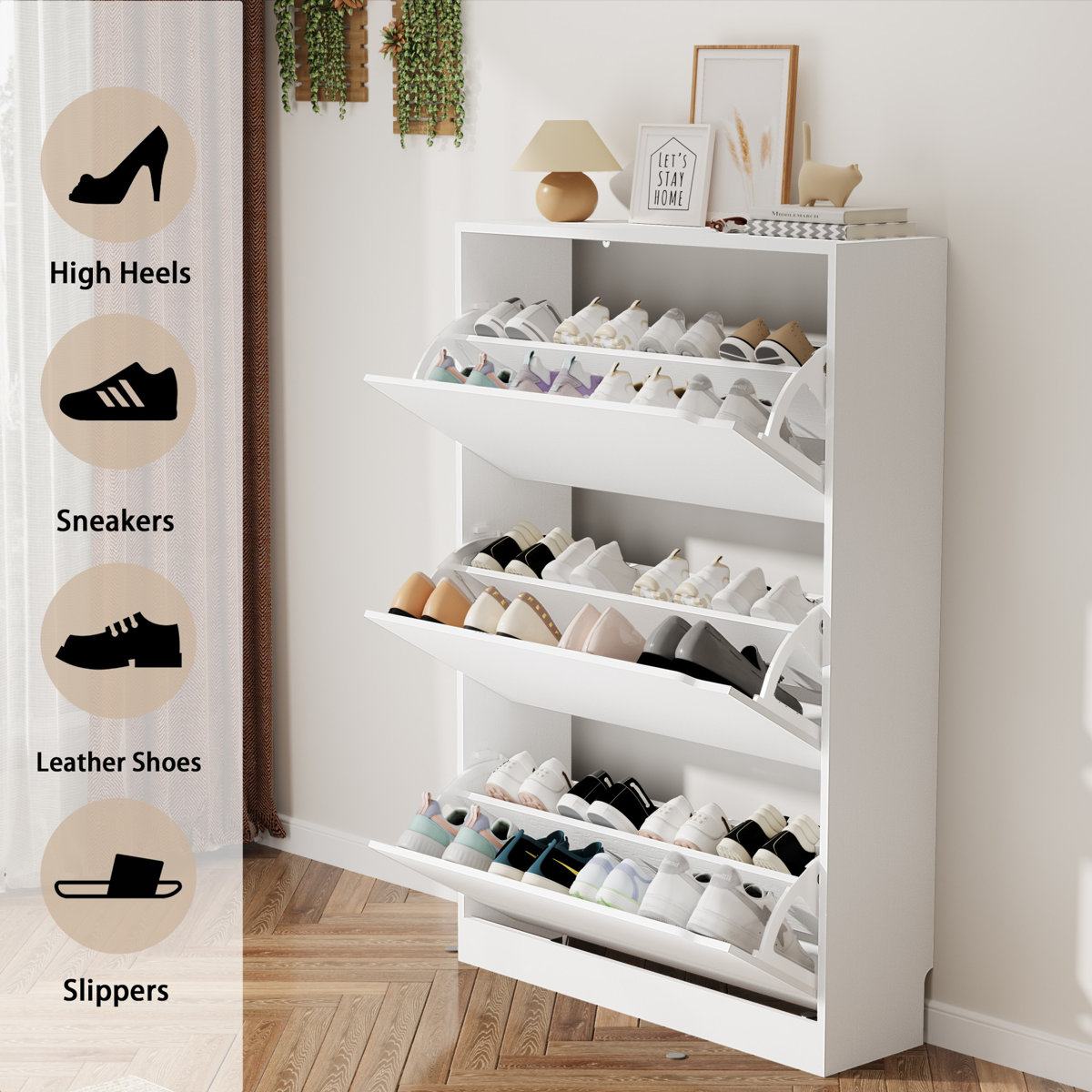 3-Tier Shoe Storage Cabinet with Flip Drawers, 16-20 Pair Free Standing Shoe Organizer 31.5''W for Entryway